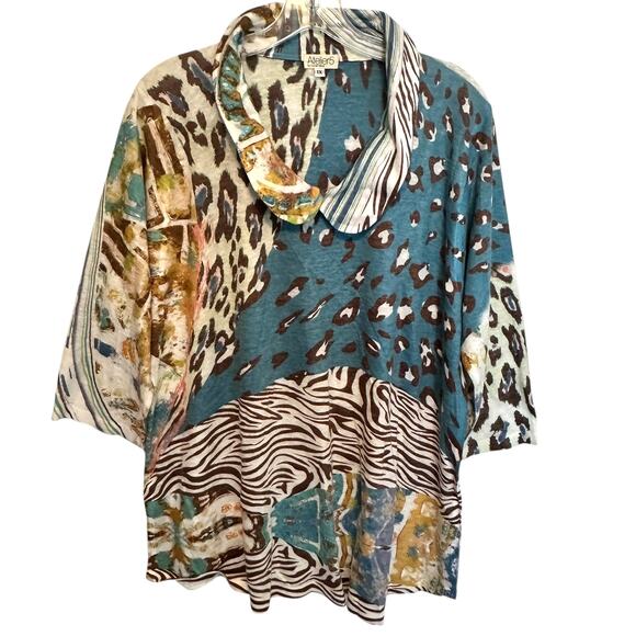 Atelier5 Mixed Print Top Womens Size 1X Lagenlook Peter Pan Collar Funky Artsy - Picture 1 of 7